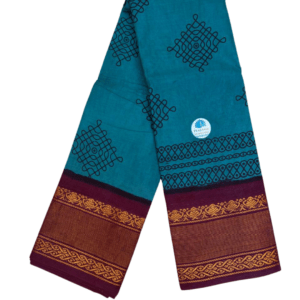 Sungudi Tissue Cotton Kolam Saree | Sea Blue and Maroon with Gold Zari Border without blouse