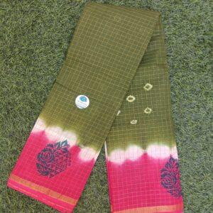 Prabanja Sungudi Cotton Mini Checks Jari Kaikattu Saree | Green with Rose pink sungudi saree without blouse