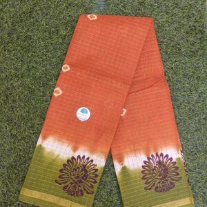 Prabanja Sungudi Cotton Mini Checks Jari Kaikattu Saree | Rust orange with Olive green sungudi saree without blouse