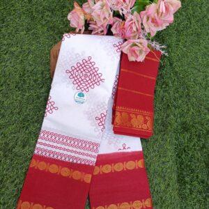 Prabanja White with Red Rettai Padai Kolam Designed Sungudi Cotton Saree with Blouse