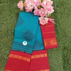 Prabanja Teal Green with Red Rettai Padai Kolam Designed Sungudi Cotton Saree with Blouse