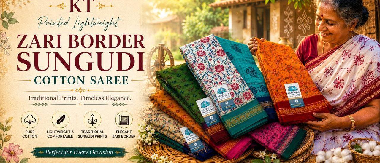 KT Printed Lightweighted Zari Border Sungudi Saree