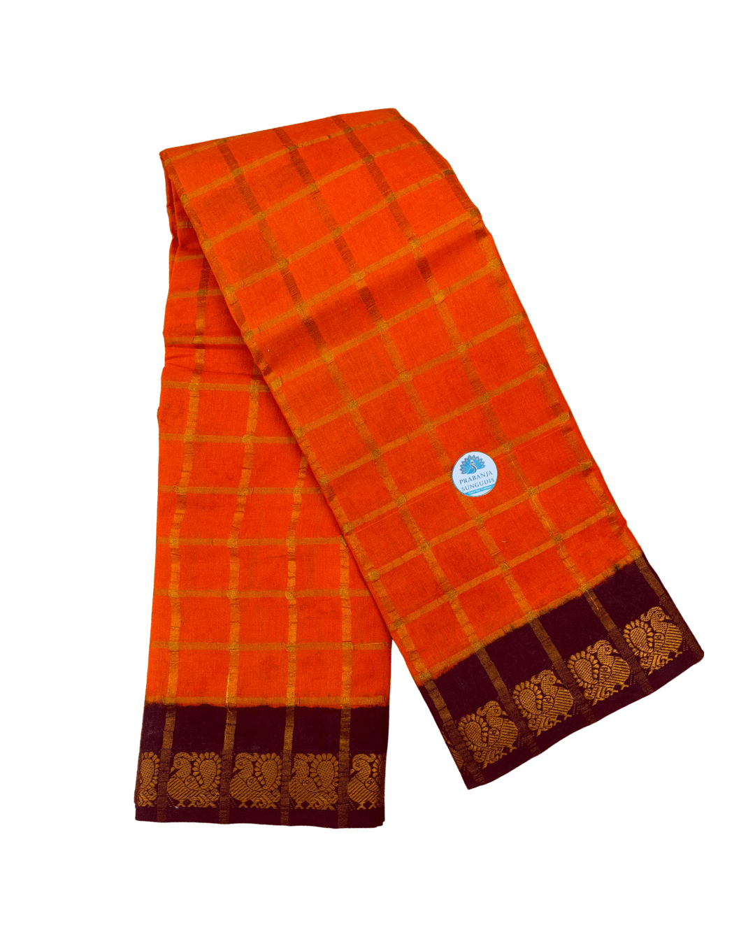 Prabanja Mango Orange Pavithra Kattam Checks Sungudi Cotton Saree with Contrast Maroon Border & Blouse - Image 2