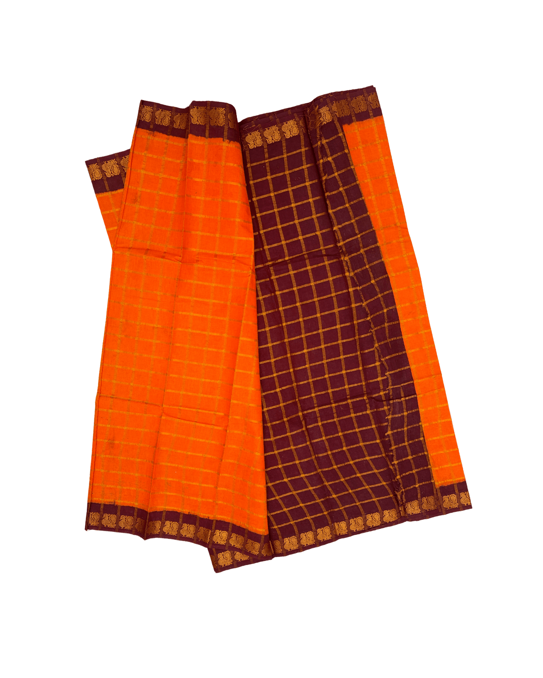 Prabanja Mango Orange Pavithra Kattam Checks Sungudi Cotton Saree with Contrast Maroon Border & Blouse - Image 3