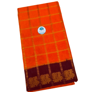 Prabanja Mango Orange Pavithra Kattam Checks Sungudi Cotton Saree with Contrast Maroon Border & Blouse