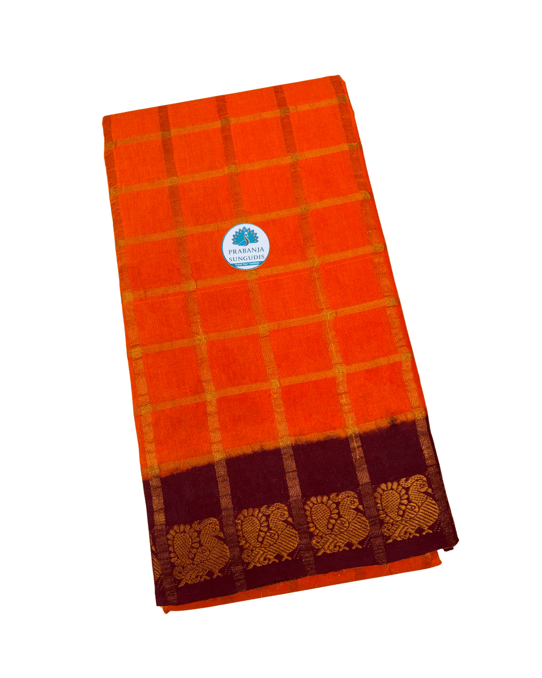Prabanja Mango Orange Pavithra Kattam Checks Sungudi Cotton Saree with Contrast Maroon Border & Blouse