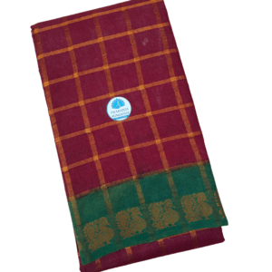 Prabanja Bottle Brown Pavithra Kattam Checks Sungudi Cotton Saree with Contrast Green Border & Blouse
