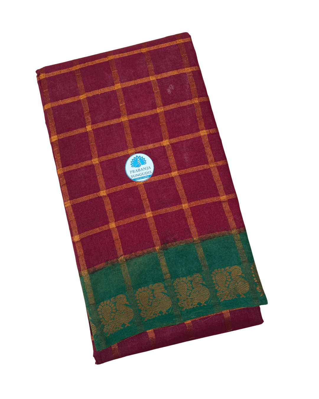 Prabanja Bottle Brown Pavithra Kattam Checks Sungudi Cotton Saree with Contrast Green Border & Blouse