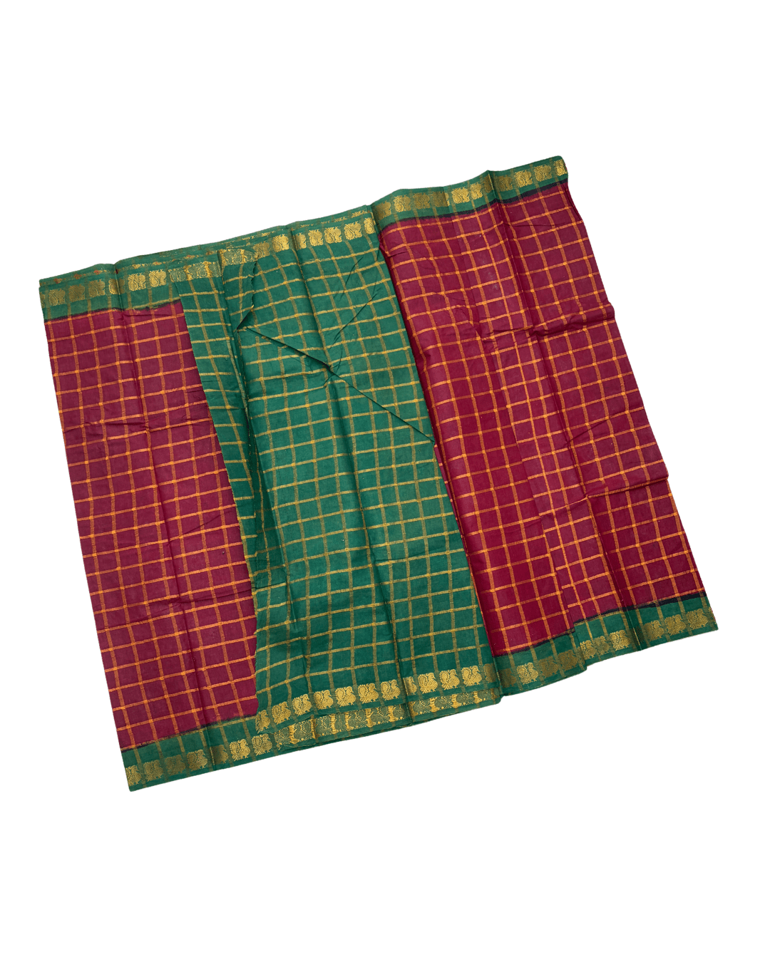 Prabanja Bottle Brown Pavithra Kattam Checks Sungudi Cotton Saree with Contrast Green Border & Blouse - Image 3