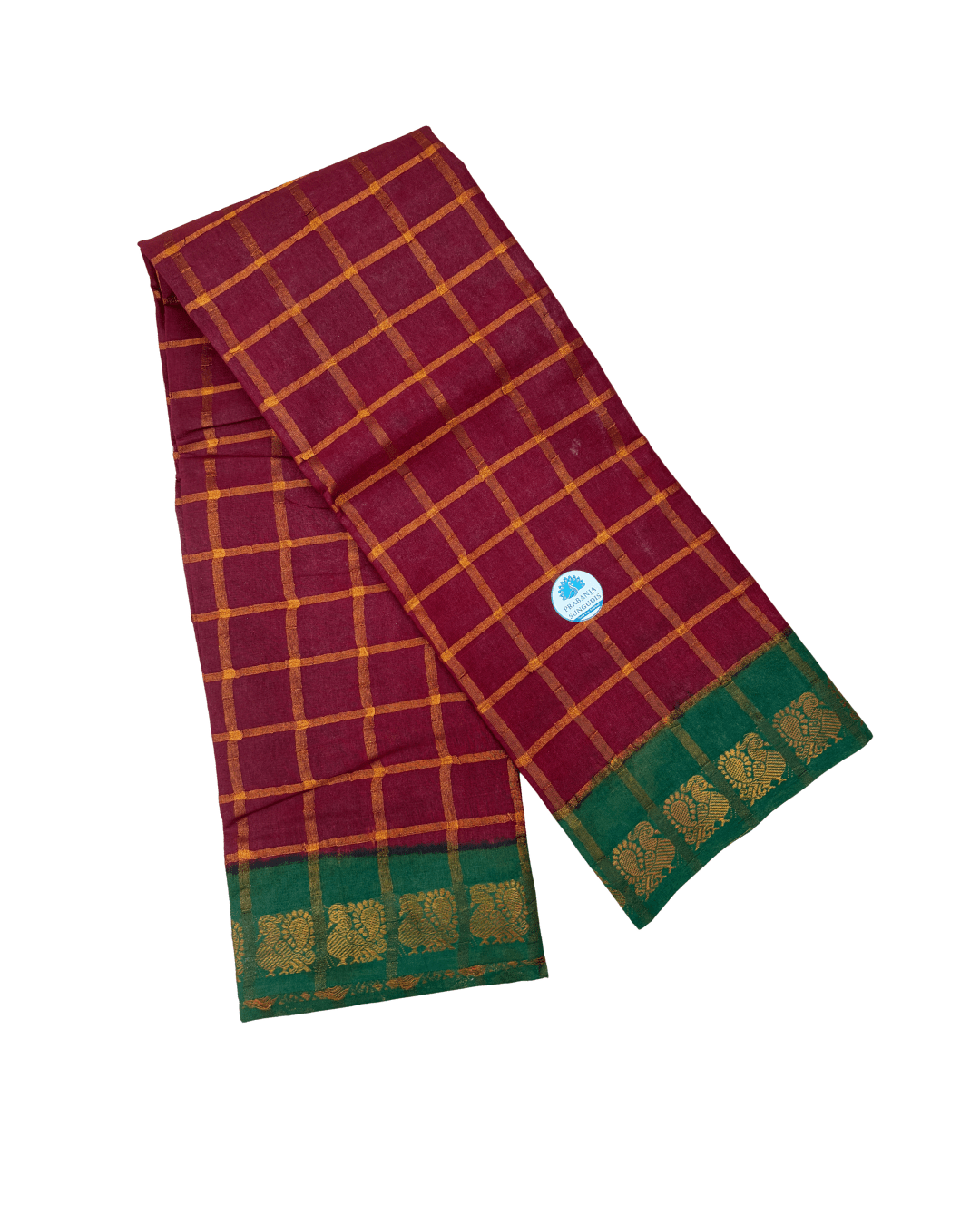 Prabanja Bottle Brown Pavithra Kattam Checks Sungudi Cotton Saree with Contrast Green Border & Blouse - Image 2