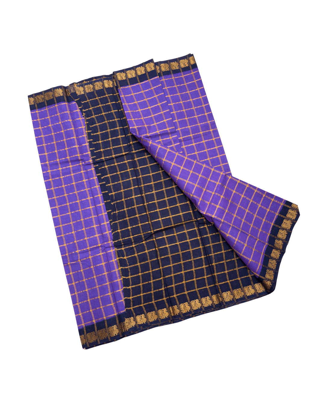Prabanja Royal Lavender Pavithra Kattam Checks Sungudi Cotton Saree with Contrast Navy Blue Border & Blouse - Image 2