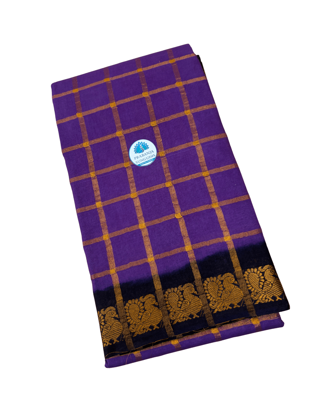 Prabanja Royal Lavender Pavithra Kattam Checks Sungudi Cotton Saree with Contrast Navy Blue Border & Blouse - Image 3
