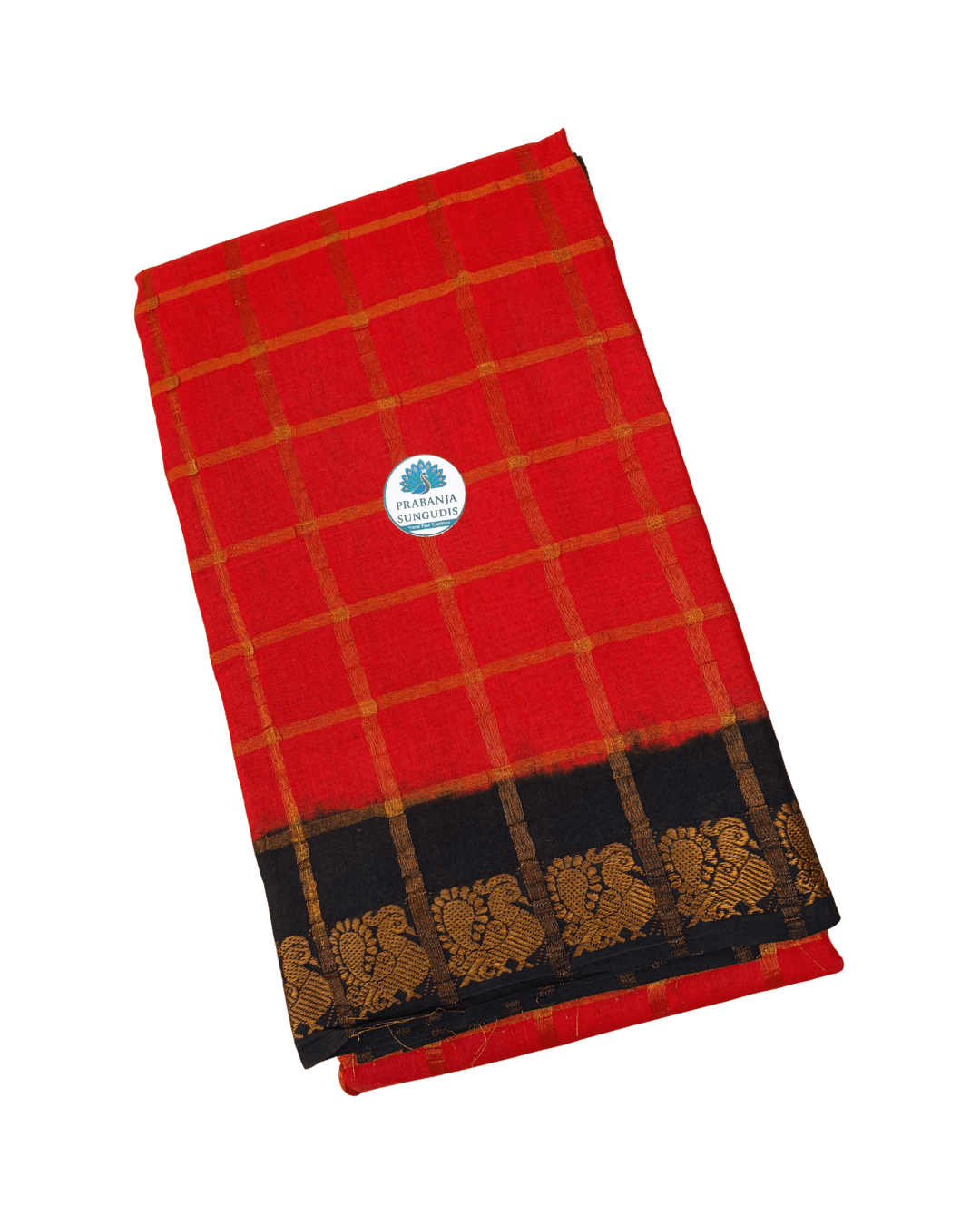 Prabanja Candy Red Pavithra Kattam Checks Sungudi Cotton Saree with Contrast Black Border & Blouse - Image 2