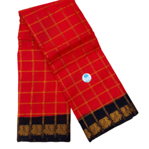 Prabanja Candy Red Pavithra Kattam Checks Sungudi Cotton Saree with Contrast Black Border & Blouse