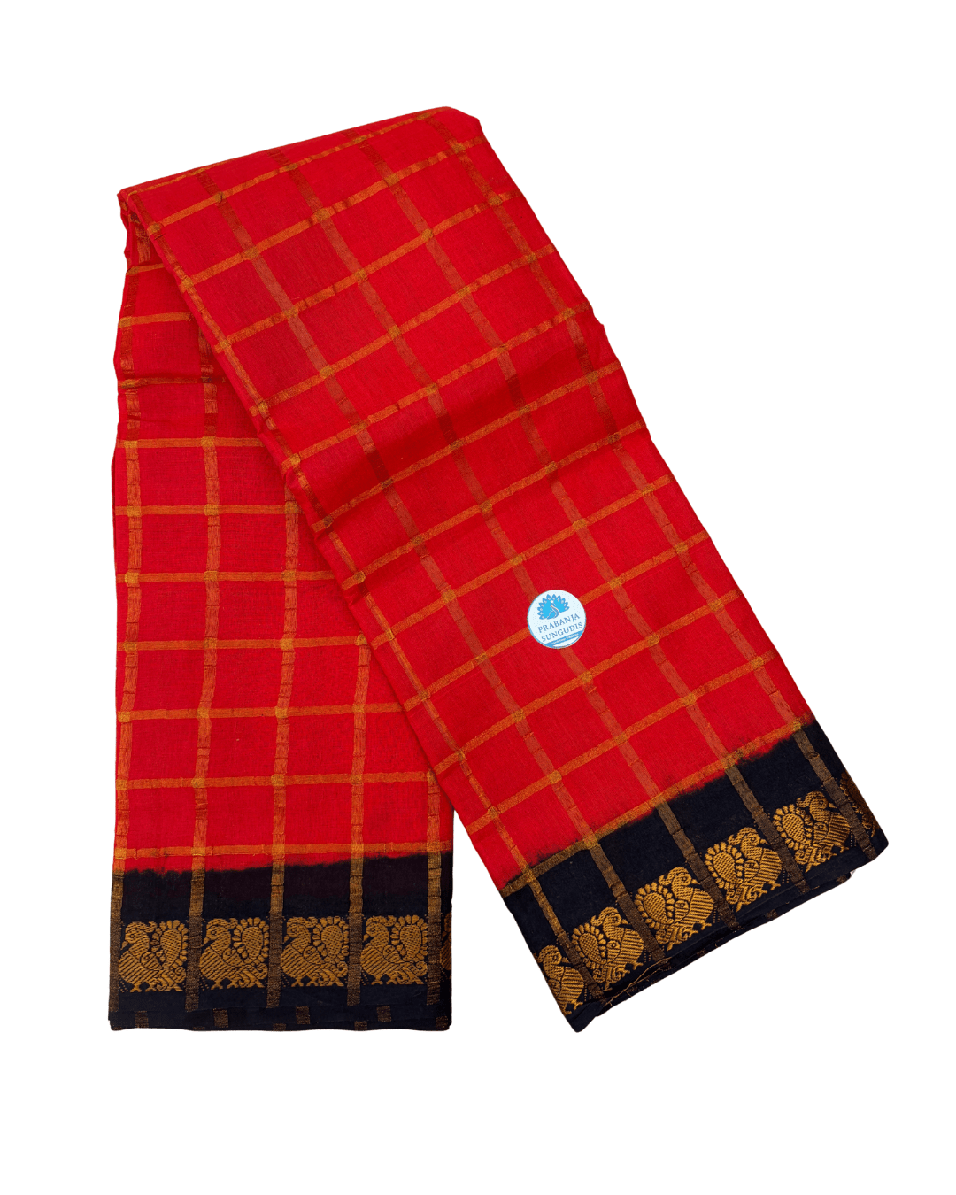 Prabanja Candy Red Pavithra Kattam Checks Sungudi Cotton Saree with Contrast Black Border & Blouse