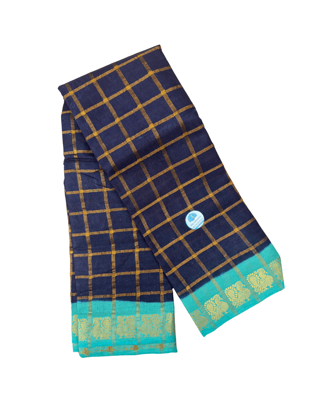 Prabanja Dark Navy Blue Pavithra Kattam Checks Sungudi Cotton Saree with Contrast Light Sea Green Border & Blouse - Image 2