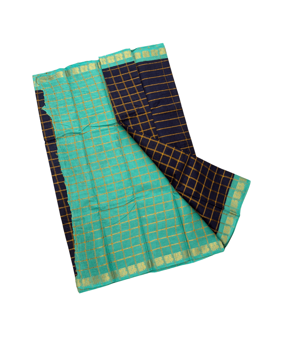 Prabanja Dark Navy Blue Pavithra Kattam Checks Sungudi Cotton Saree with Contrast Light Sea Green Border & Blouse - Image 3