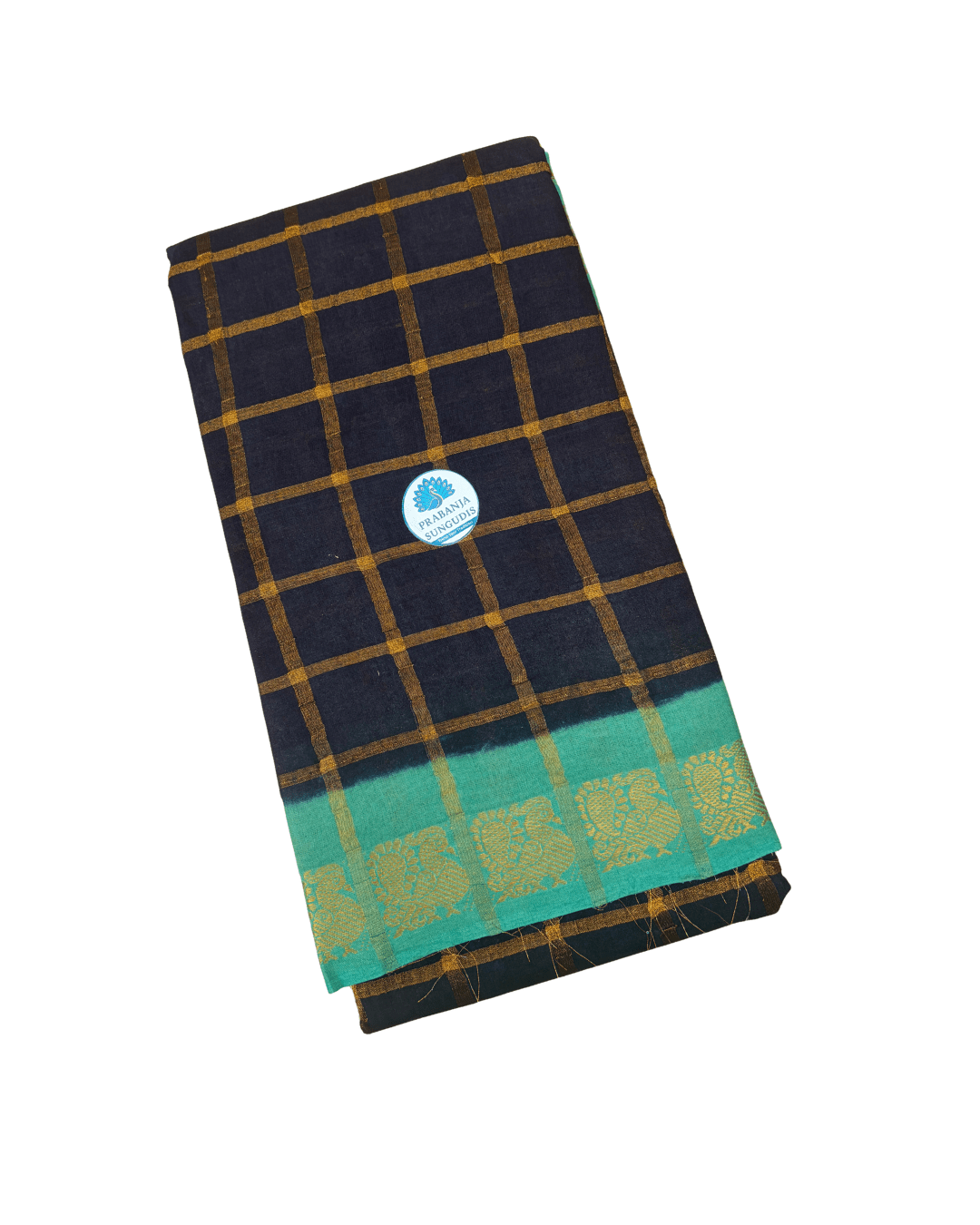 Prabanja Dark Navy Blue Pavithra Kattam Checks Sungudi Cotton Saree with Contrast Light Sea Green Border & Blouse