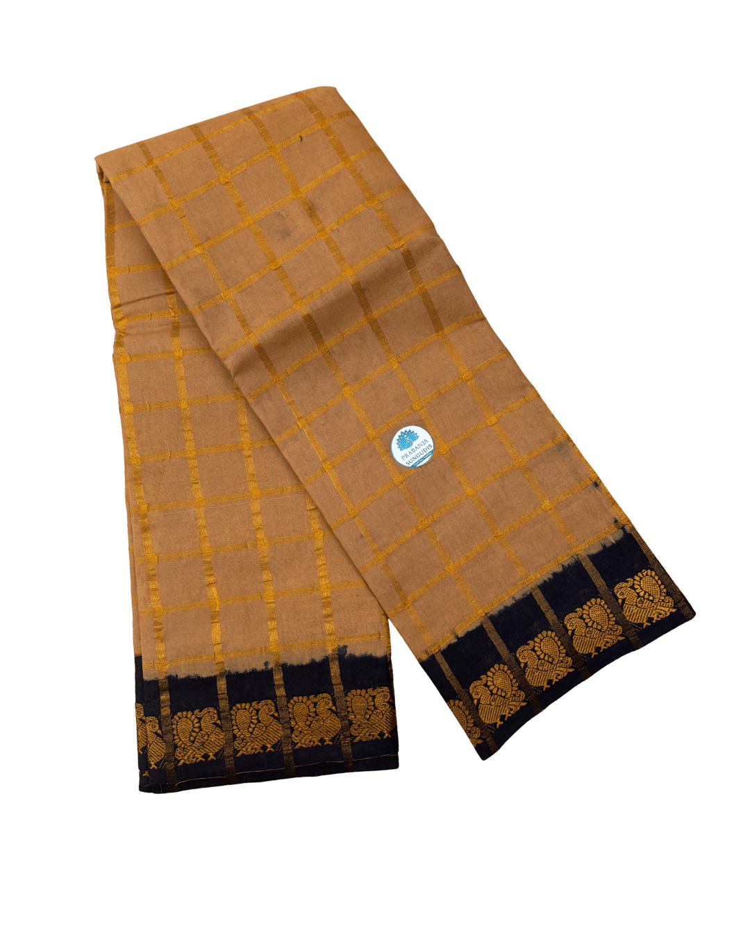 Prabanja Subtle Beige Pavithra Kattam Checks Sungudi Cotton Saree with Contrast Light Navy Blue Border & Blouse