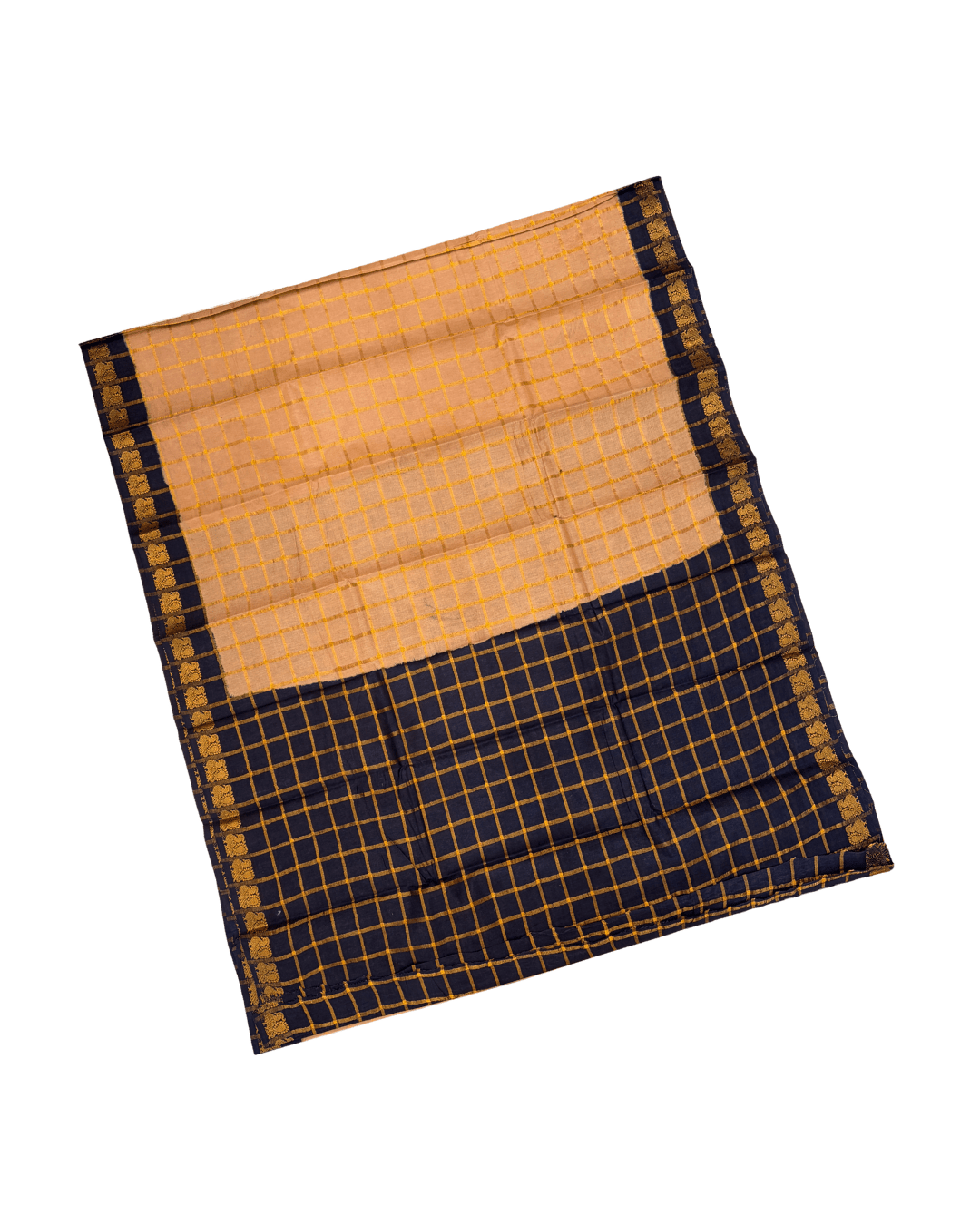 Prabanja Subtle Beige Pavithra Kattam Checks Sungudi Cotton Saree with Contrast Light Navy Blue Border & Blouse - Image 3