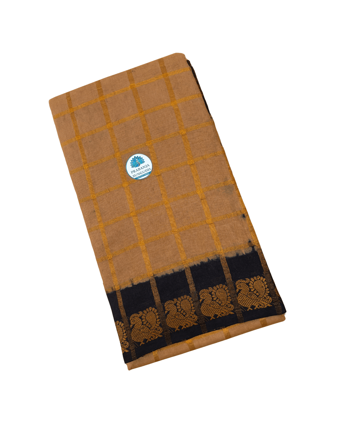 Prabanja Subtle Beige Pavithra Kattam Checks Sungudi Cotton Saree with Contrast Light Navy Blue Border & Blouse - Image 2
