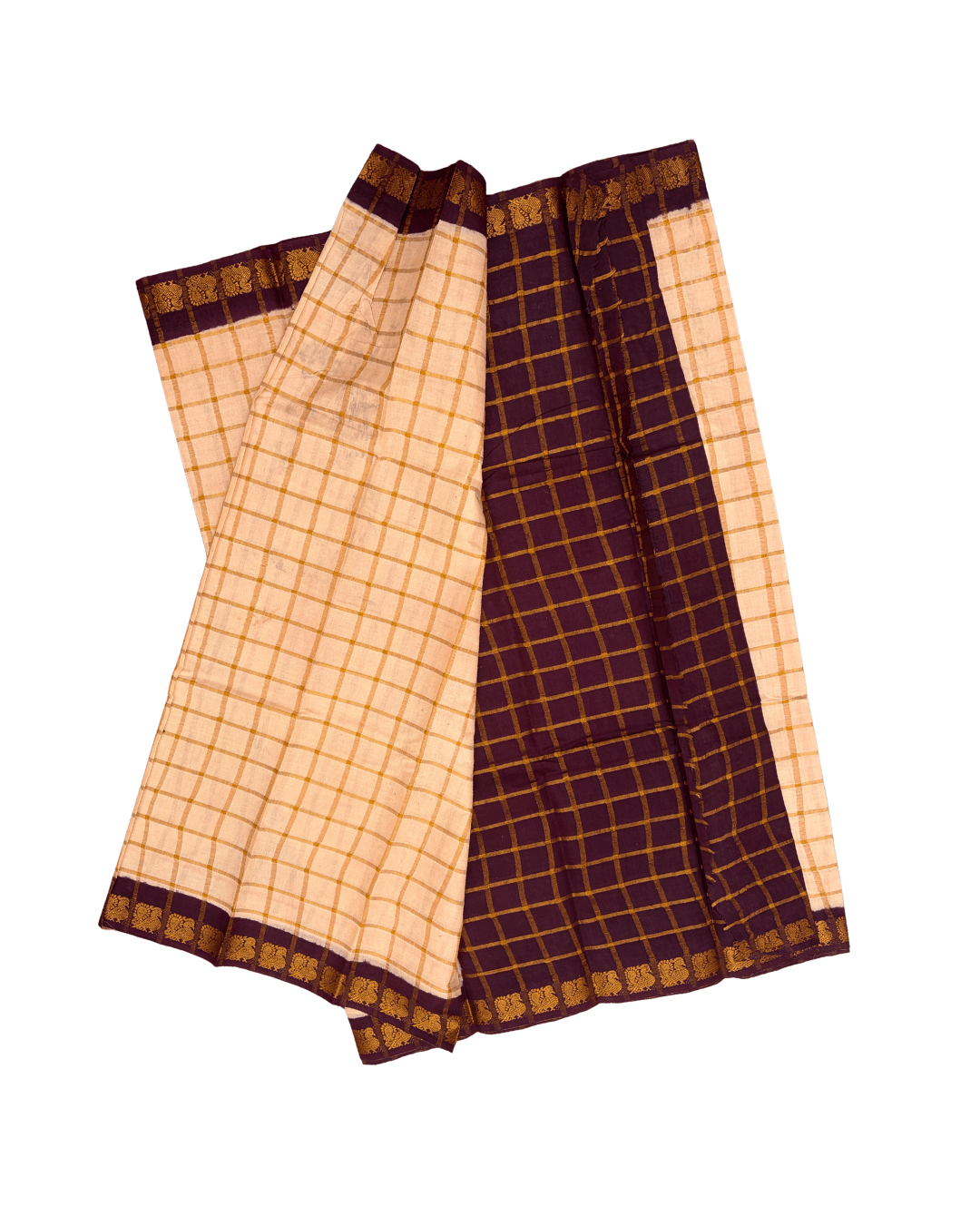 Prabanja Creamy white Pavithra Kattam Checks Sungudi Cotton Saree with Contrast Dark Maroon Border & Blouse - Image 3