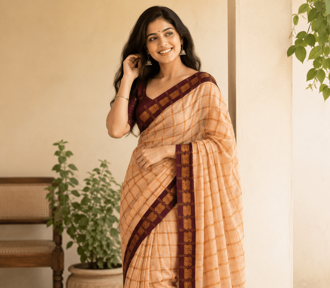 Prabanja Creamy white Pavithra Kattam Checks Sungudi Cotton Saree with Contrast Dark Maroon Border & Blouse - Image 2