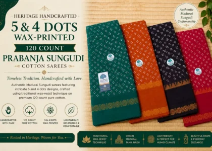 Authentic Madurai Sungudi cotton sarees with traditional 5 and 4 dots wax-printed design, handcrafted 120 count pure cotton saree collection by Prabanja Sungudi