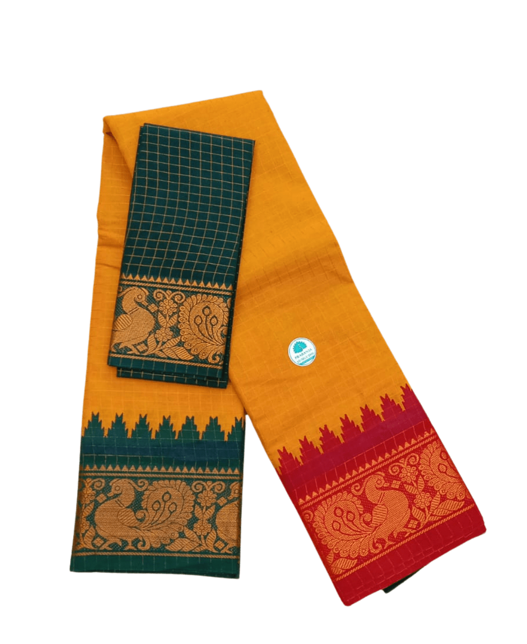 Prabanja Sungudi Ganga Jamuna Border Saree – Mustard Yellow with Green and Red Border