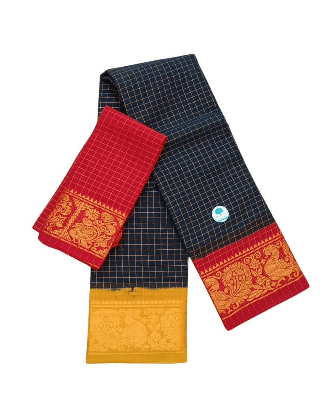 Prabanja Sungudi Ganga Jamuna Border Saree – Black with Yellow and Red Border