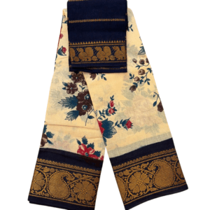 Sungudi Poonam Cotton Saree for Women | Cream Floral Printed Saree with Navy Blue & Golden Traditional Border | Elegant Ethnic Saree with Blouse Piece