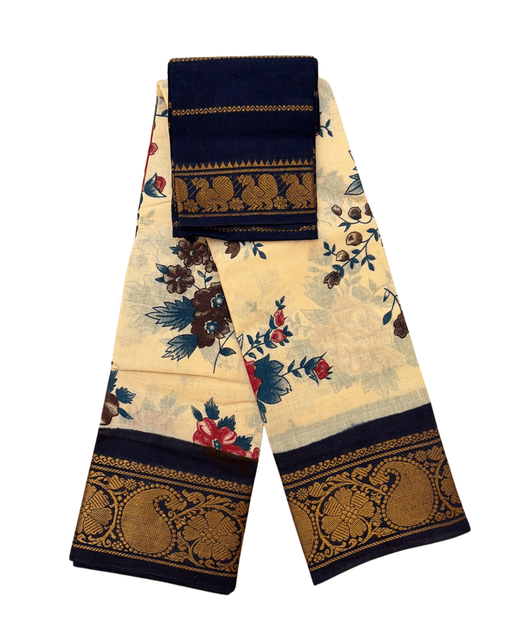 Sungudi Poonam Cotton Saree for Women | Cream Floral Printed Saree with Navy Blue & Golden Traditional Border | Elegant Ethnic Saree with Blouse Piece