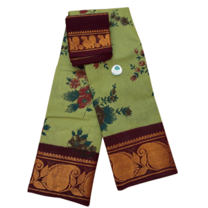 Sungudi Poonam Cotton Saree for Women | Pista Green Floral Printed Saree with Maroon & Golden Traditional Border | Elegant Ethnic Saree with Blouse Piece