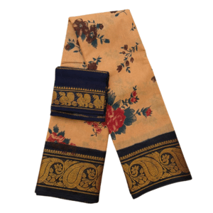 Sungudi Poonam Cotton Saree for Women | Mustard Beige with Navy Blue Border | Elegant Ethnic Saree with Blouse Piece