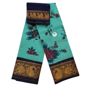 Sungudi Poonam Cotton Saree for Women | Aqua Teal with Navy Blue & Gold Border | Elegant Ethnic Saree with Blouse Piece