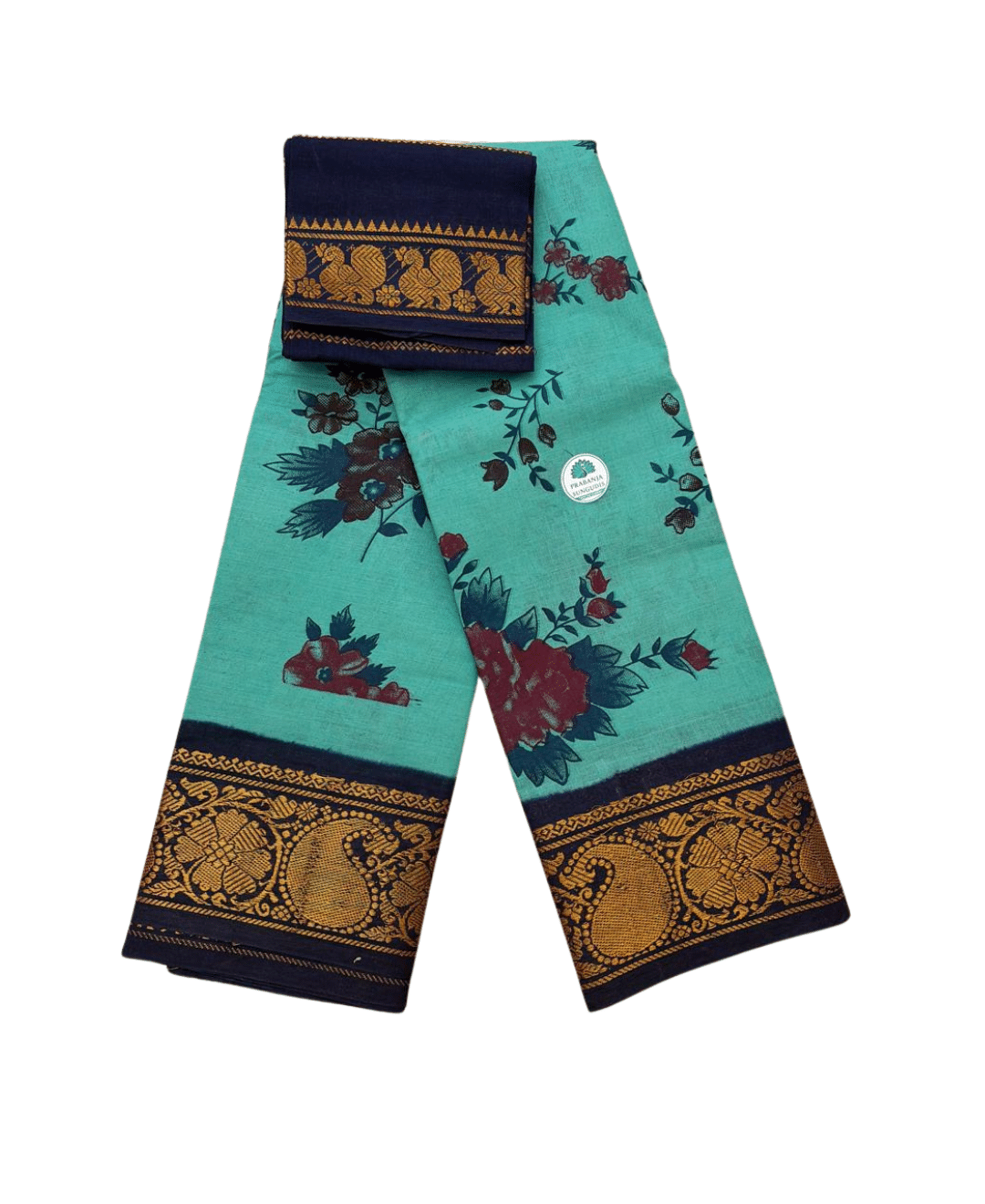 Sungudi Poonam Cotton Saree for Women | Aqua Teal with Navy Blue & Gold Border | Elegant Ethnic Saree with Blouse Piece