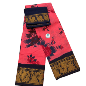 Sungudi Poonam Cotton Saree for Women | Deep Coral Pink with Navy Blue Gold border | Elegant Ethnic Saree with Blouse Piece