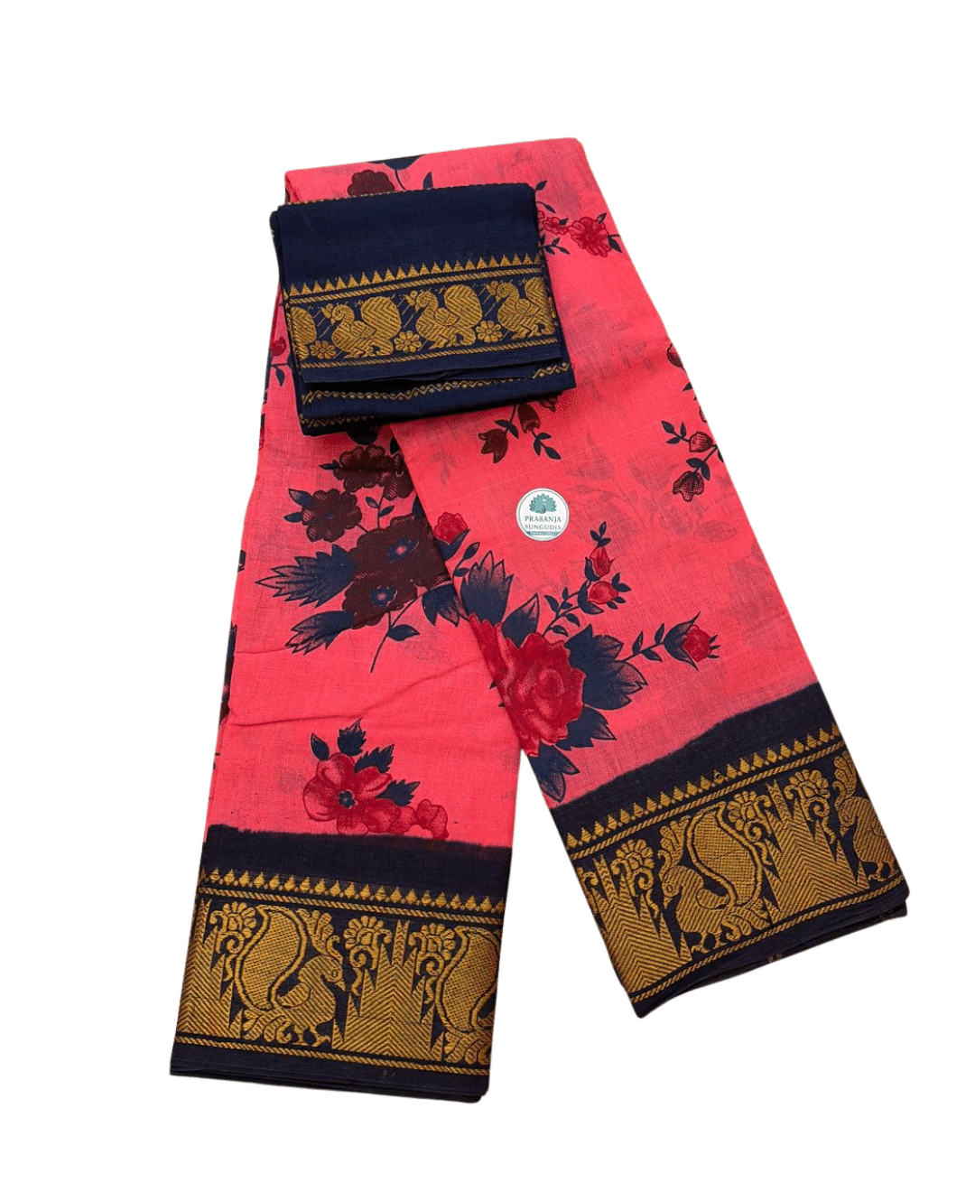 Sungudi Poonam Cotton Saree for Women | Deep Coral Pink with Navy Blue Gold border | Elegant Ethnic Saree with Blouse Piece