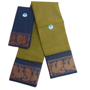 Prabanja Sungudi Zari Kattam Saree – Olive Green with Navy Blue Border (With Blouse)
