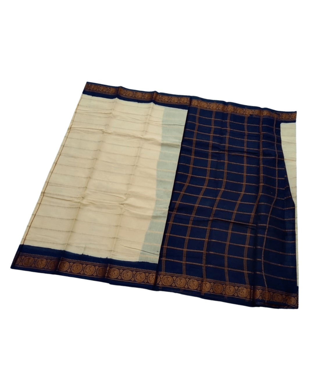 Sungudi Cotton Saree for Women, Velthari Sungudi Saree, Cotton, Off White with Navy Blue Zari Border with Peacock Motif with Running Blouse, Lightweight Wear Cotton - Image 2