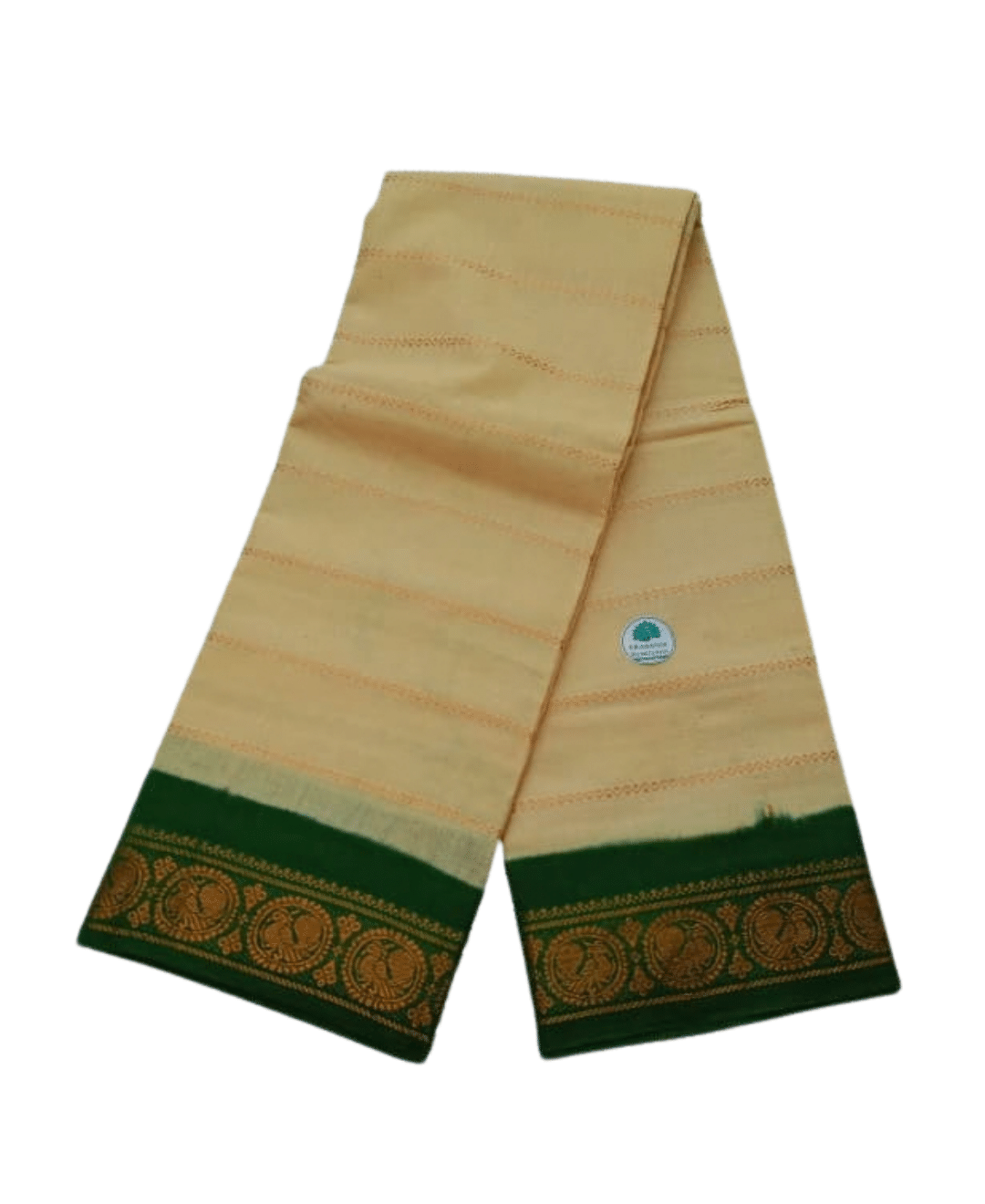 Sungudi Cotton Saree for Women, Velthari Sungudi Saree, Cotton, Off White with Green Zari Border with Peacock Motif with Running Blouse, Lightweight Wear Cotton