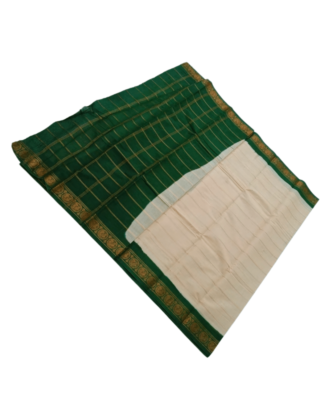 Sungudi Cotton Saree for Women, Velthari Sungudi Saree, Cotton, Off White with Green Zari Border with Peacock Motif with Running Blouse, Lightweight Wear Cotton - Image 2