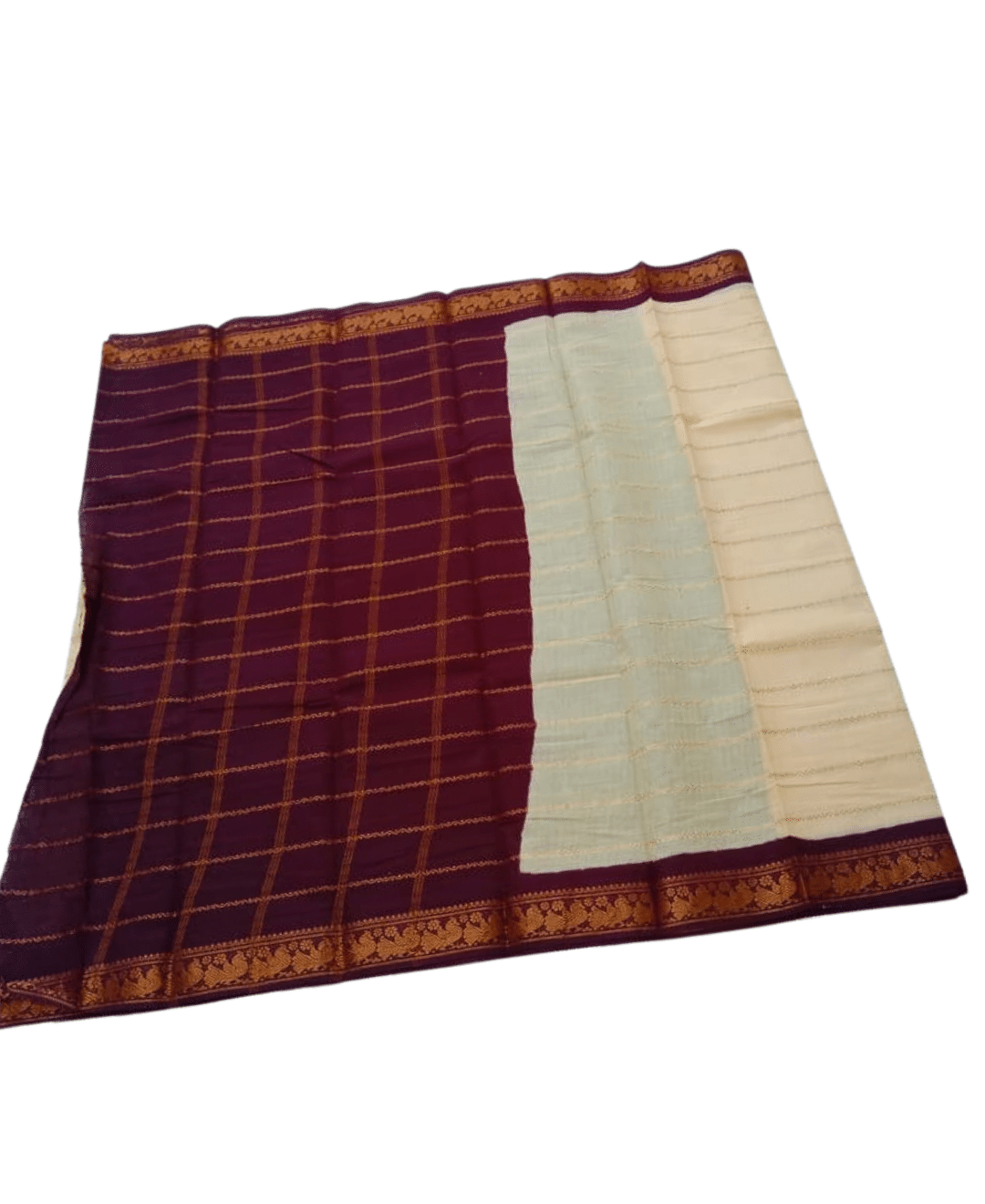 Sungudi Cotton Saree for Women, Velthari Sungudi Saree, Cotton, Off White with Maroon Zari Border with Peacock Motif with Running Blouse, Lightweight Wear Cotton - Image 2