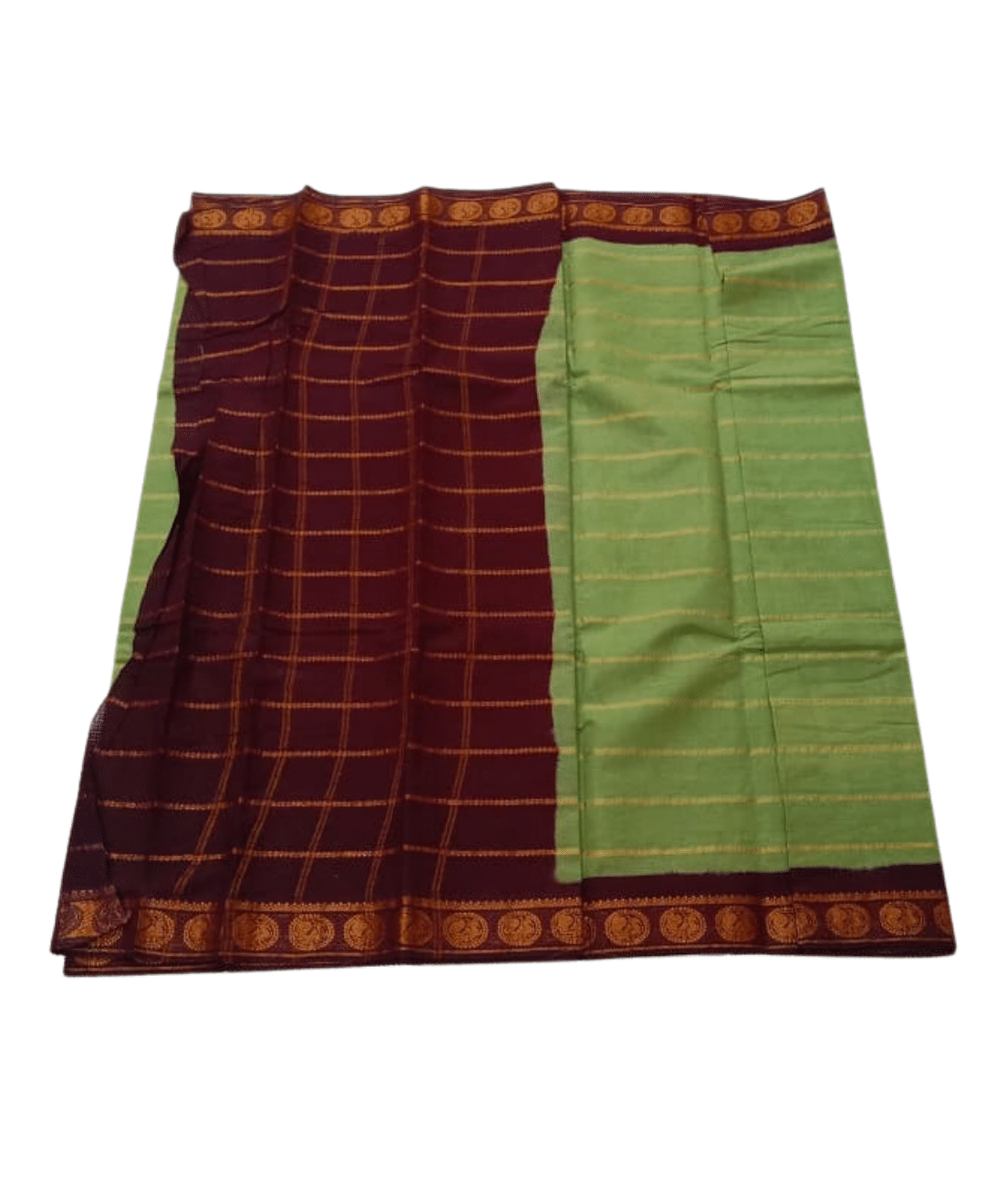 Sungudi Cotton Saree for Women, Velthari Sungudi Saree, Cotton, Green with Maroon Zari Border with Peacock Motif with Running Blouse, Lightweight Wear Cotton - Image 2