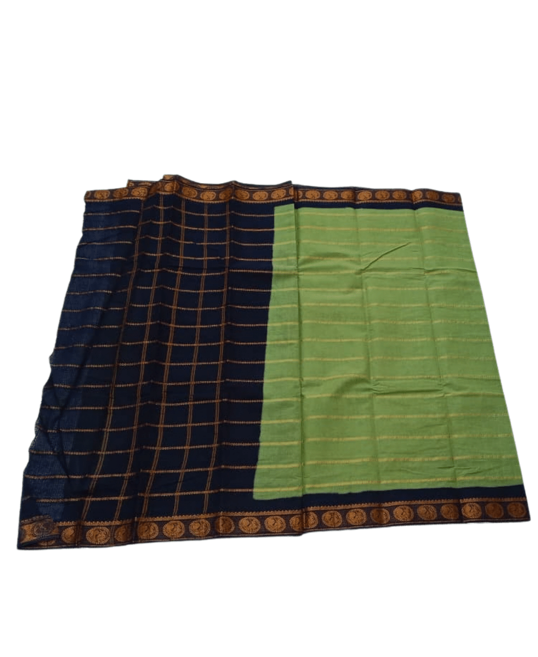 Sungudi Cotton Saree for Women, Velthari Sungudi Saree, Cotton, Green with Navy Blue Zari Border with Peacock Motif with Running Blouse, Lightweight Wear Cotton - Image 2