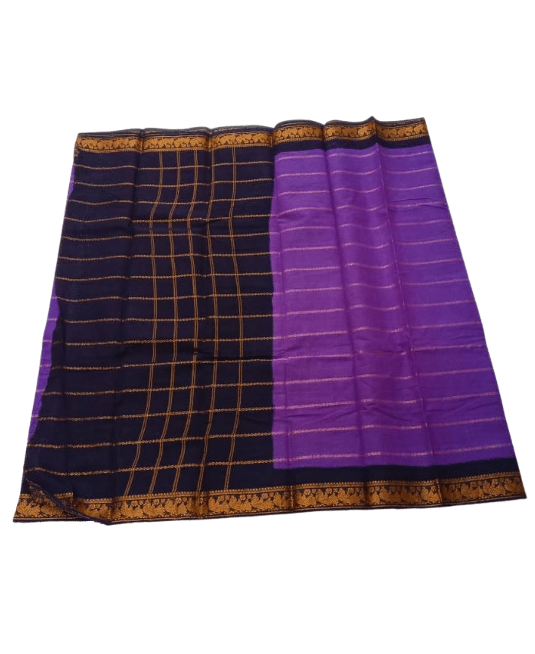 Sungudi Cotton Saree for Women, Velthari Sungudi Saree, Cotton, Purple with Navy Blue Zari Border with Peacock Motif with Running Blouse, Lightweight Wear Cotton - Image 2