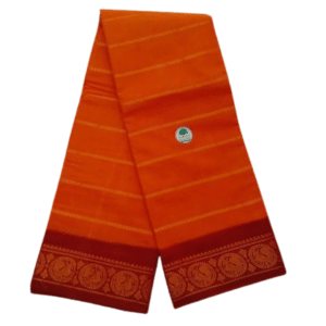 Sungudi Cotton Saree for Women, Velthari Sungudi Saree, Cotton, Mango Orange with Red Zari Border with Peacock Motif with Running Blouse, Lightweight Wear Cotton