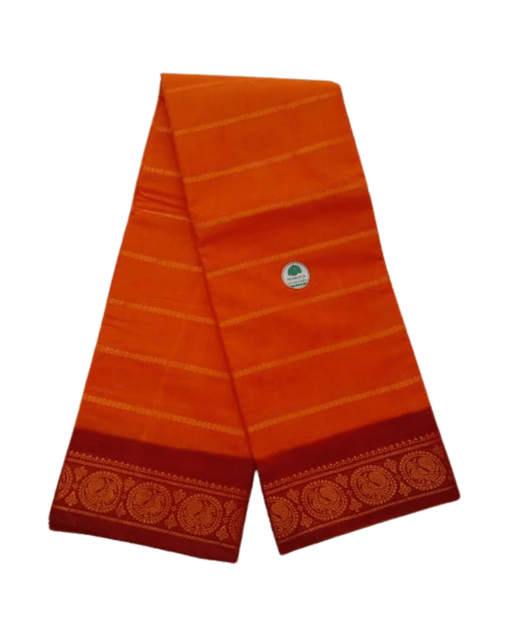 Sungudi Cotton Saree for Women, Velthari Sungudi Saree, Cotton, Mango Orange with Red Zari Border with Peacock Motif with Running Blouse, Lightweight Wear Cotton