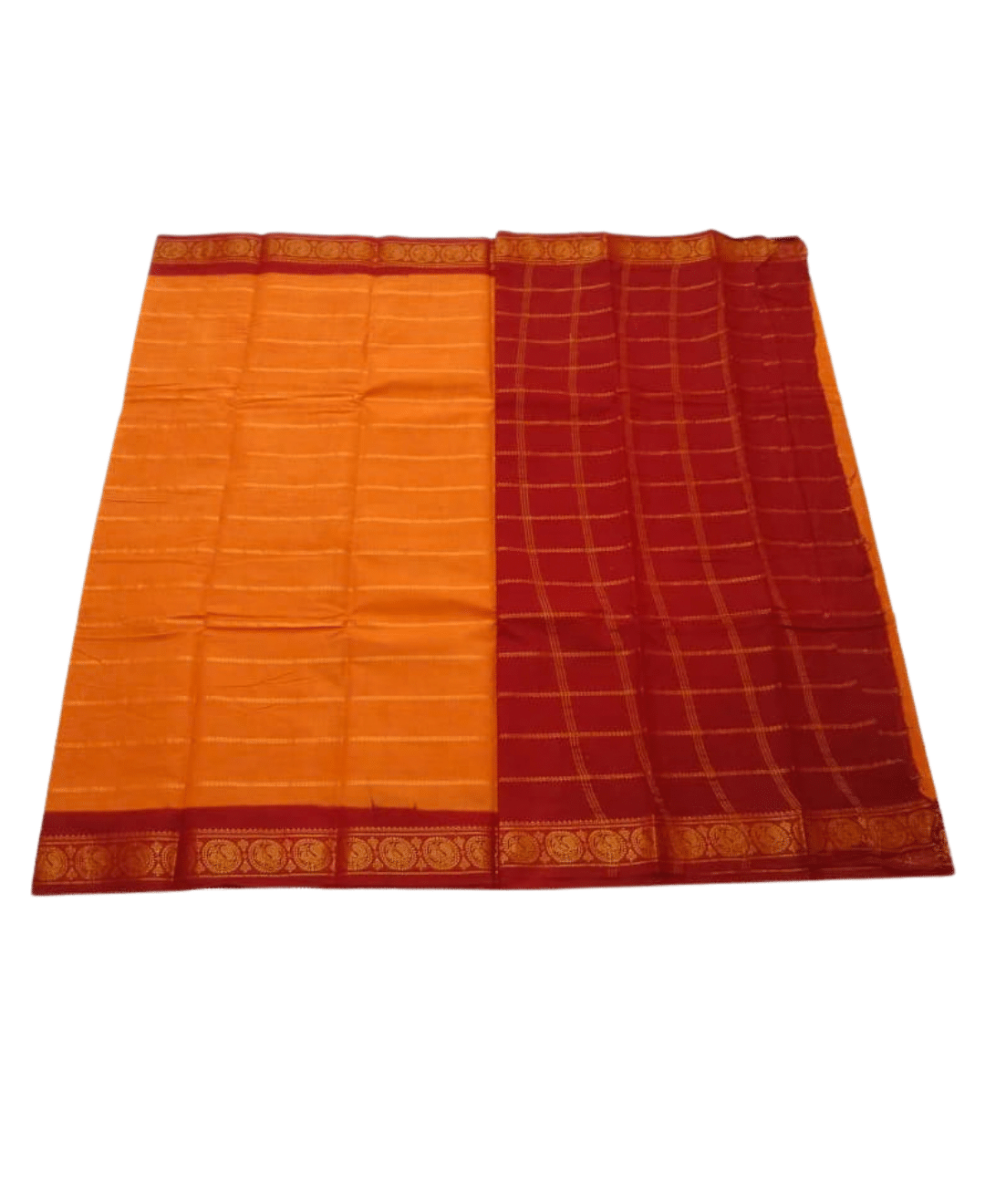 Sungudi Cotton Saree for Women, Velthari Sungudi Saree, Cotton, Mango Orange with Red Zari Border with Peacock Motif with Running Blouse, Lightweight Wear Cotton - Image 2