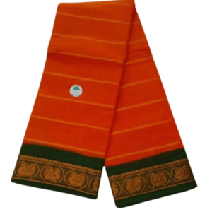 Sungudi Cotton Saree for Women, Velthari Sungudi Saree, Cotton, Mango Orange with Green Zari Border with Peacock Motif with Running Blouse, Lightweight Wear Cotton